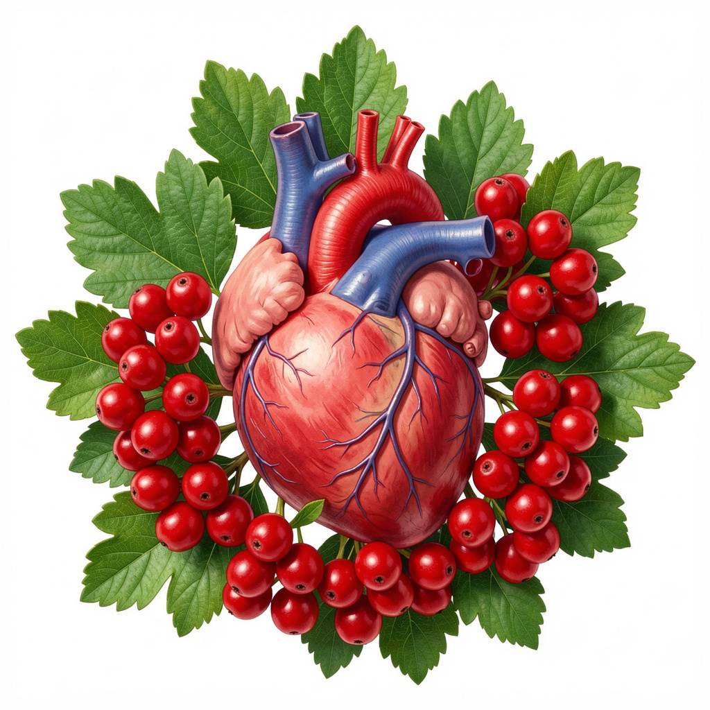 Healthy heart surrounded by hawthorn berries and green leaves